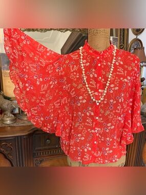 Vintage Abercrombie & Fitch Coral Orange Red Floral Angel Sleeve Ruffle Blouse
